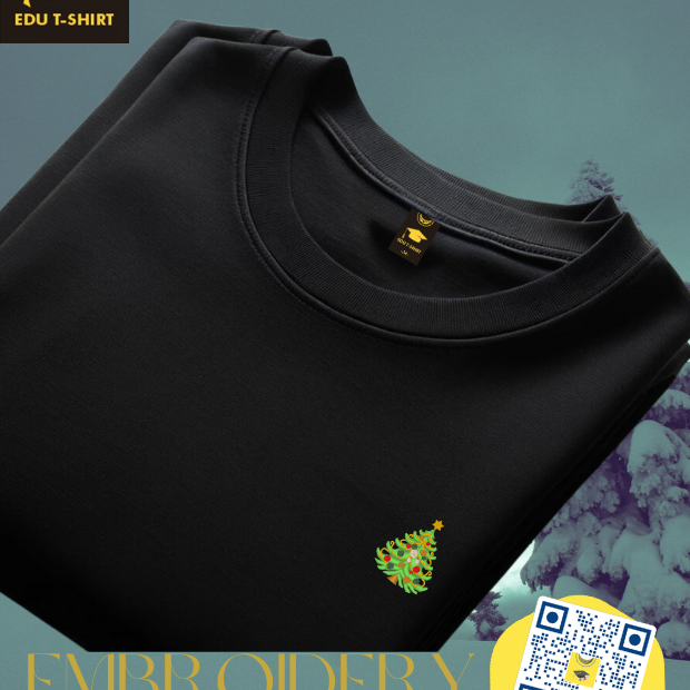 Embroidered Christmas tree t-shirt, cotton crew neck – personalised Christmas gift, EDUTSHIRT Singapore