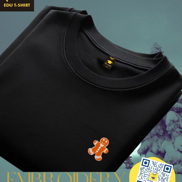 Embroidered gingerbread man Christmas t-shirt, cotton crew neck – personalised Christmas gift, EDUTSHIRT Singapore