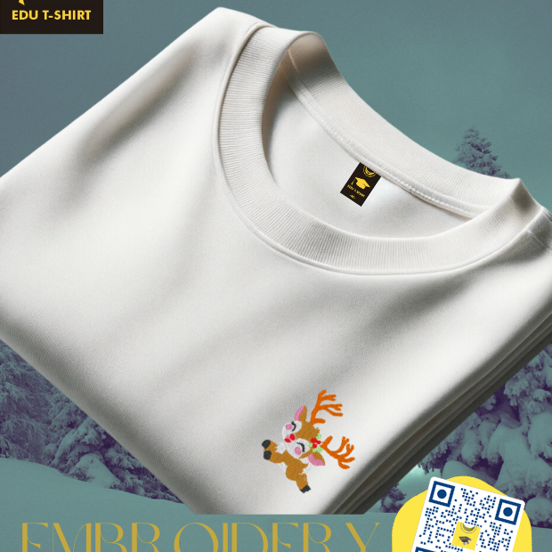 Embroidered reindeer Christmas t-shirt, cotton crew neck – personalised Christmas gift, EDUTSHIRT Singapore
