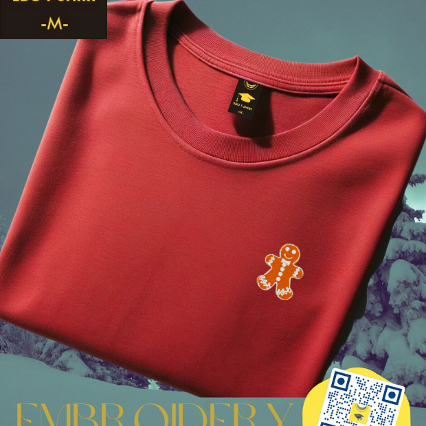 Embroidered gingerbread man Christmas t-shirt, cotton crew neck – personalised Christmas gift, EDUTSHIRT Singapore