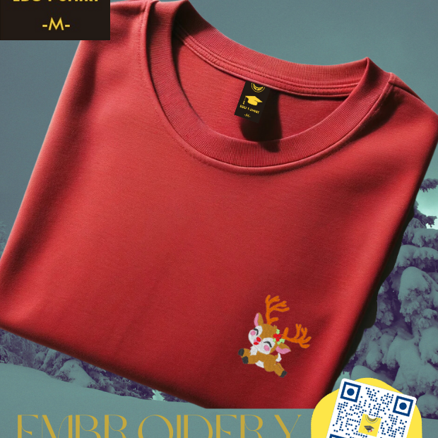 Embroidered reindeer Christmas t-shirt, cotton crew neck – personalised Christmas gift, EDUTSHIRT Singapore