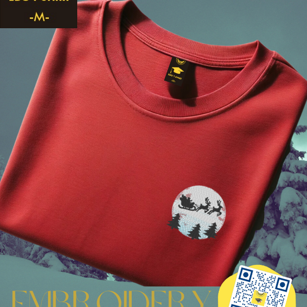 Embroidered Santa sleigh Christmas t-shirt, cotton crew neck – personalised Christmas gift, EDUTSHIRT Singapore