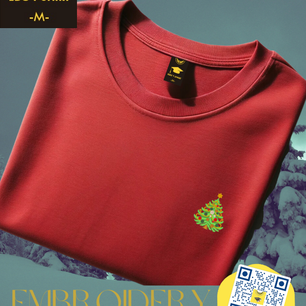 Embroidered Christmas tree t-shirt, cotton crew neck – personalised Christmas gift, EDUTSHIRT Singapore